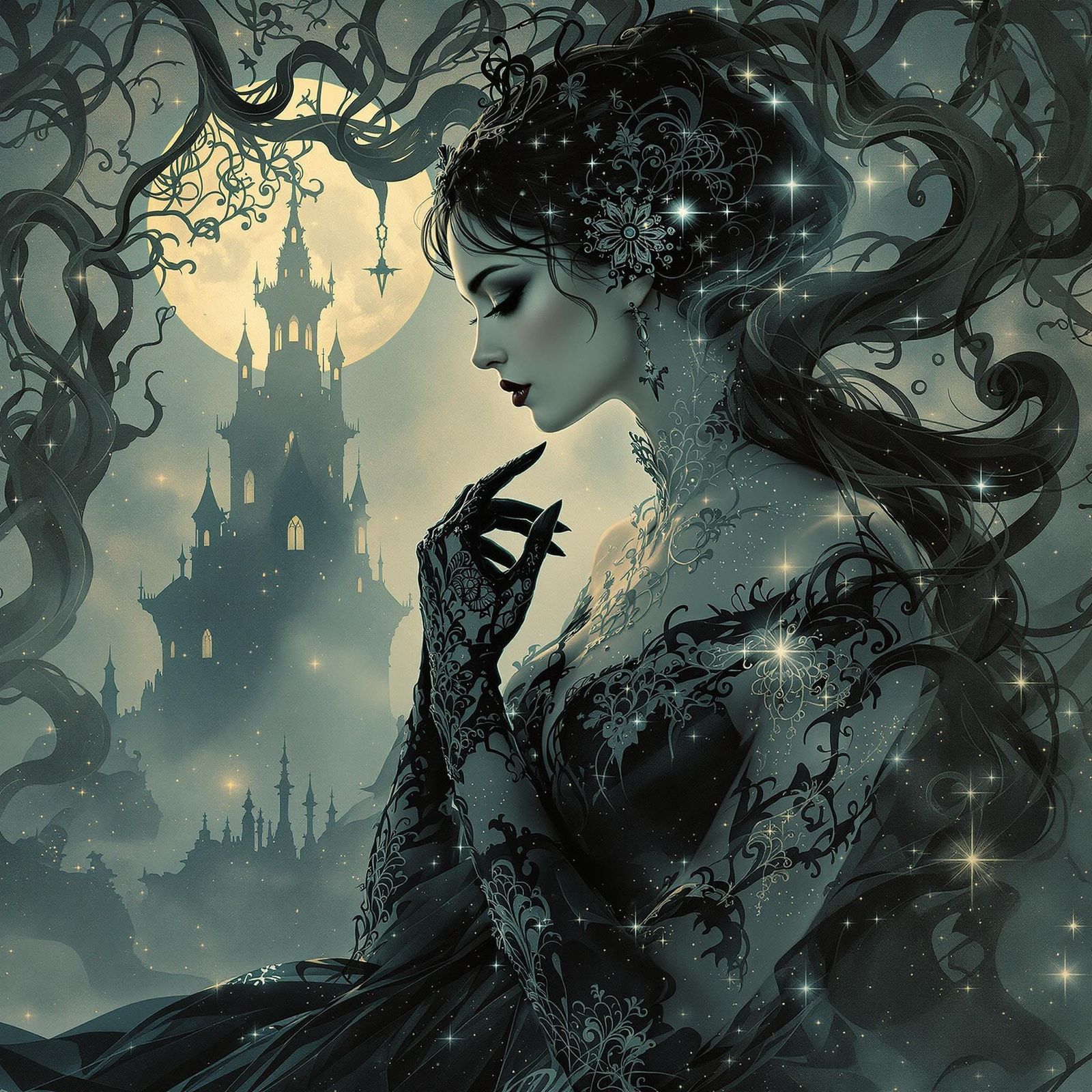 Ethereal Gothic Woman in Art Nouveau Dreamscape