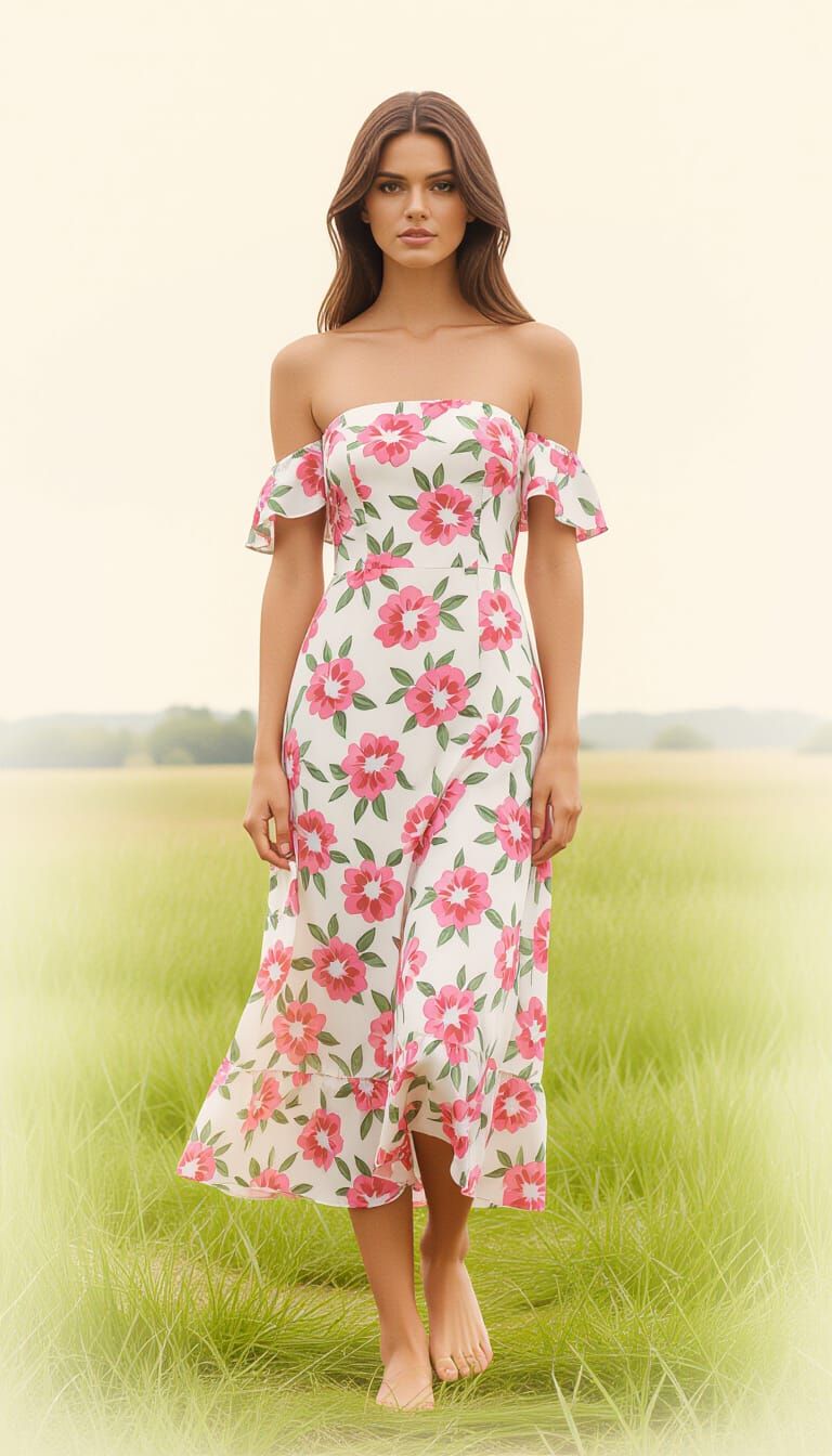 Gorgeous Woman in Floral Dress Gazes Directly