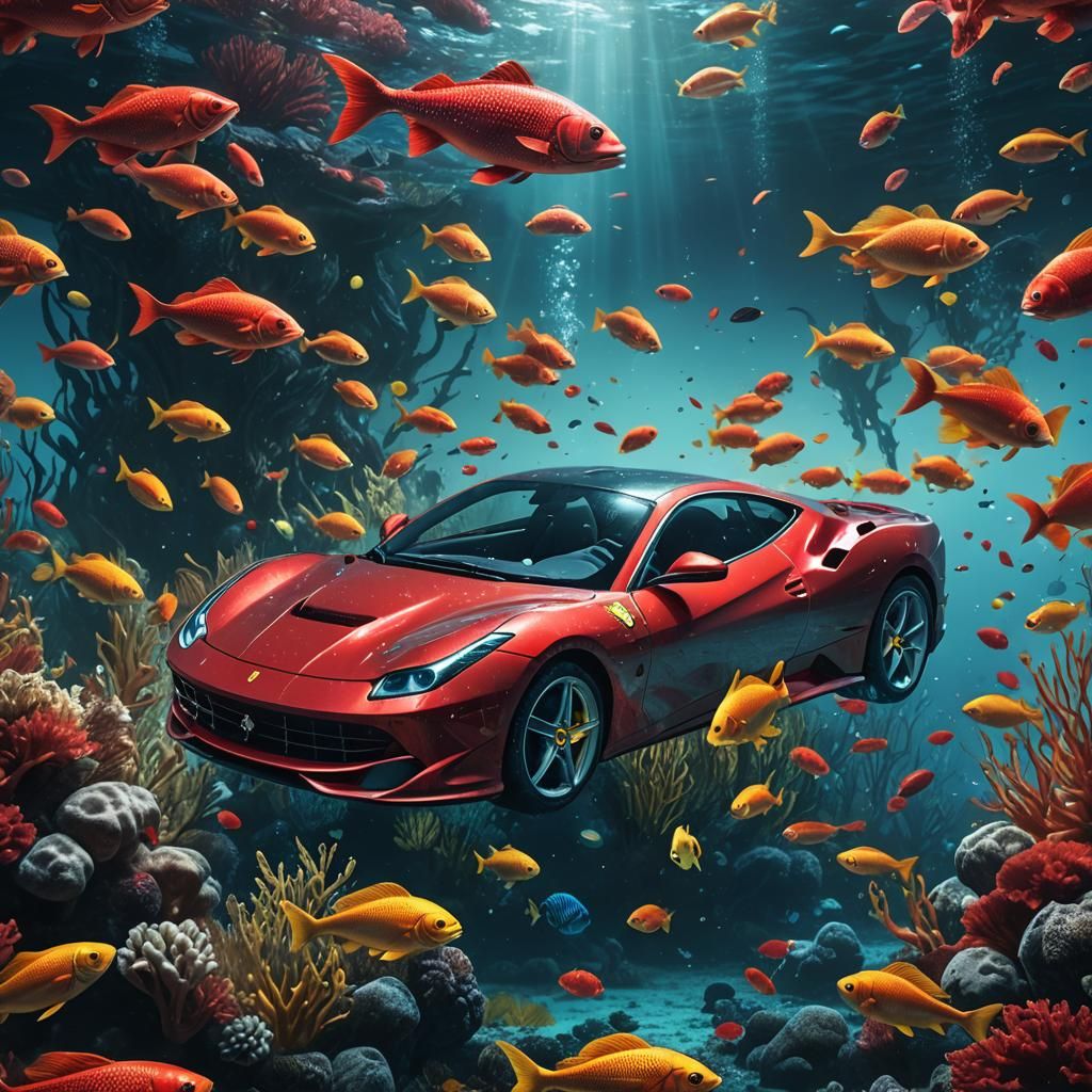 Ferrari Red Sports Car Submerged in Bioluminescent Sea