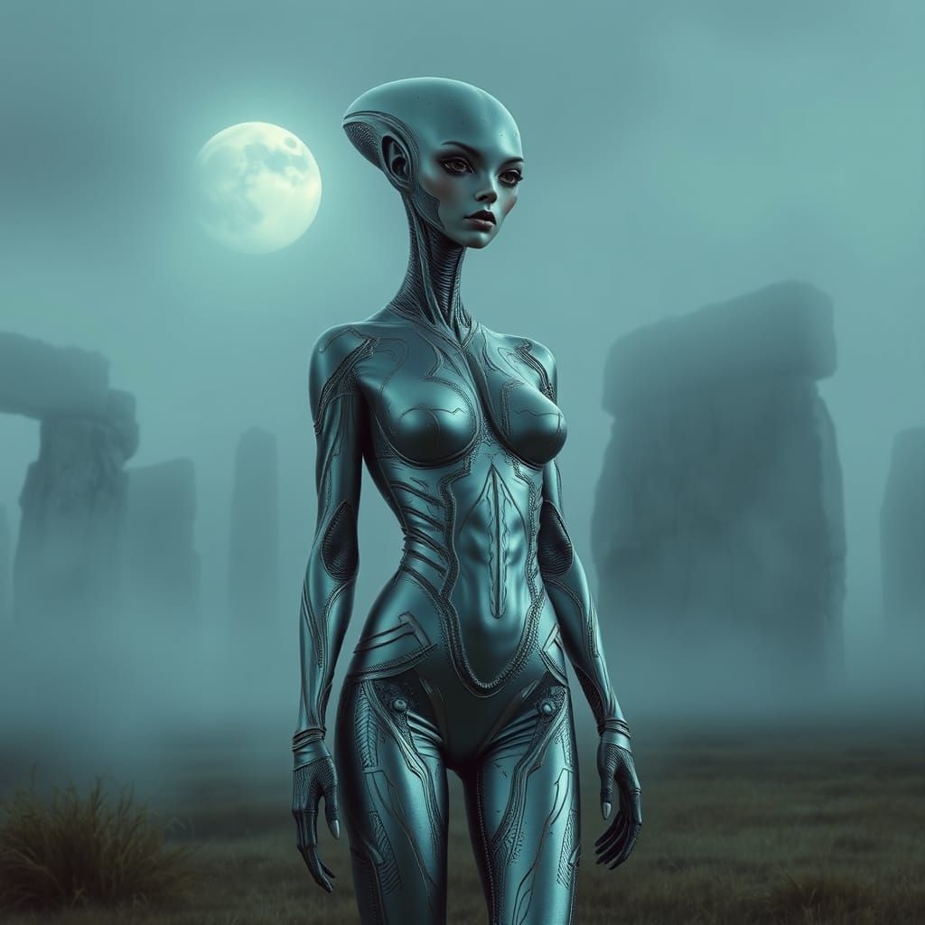 Surreal Alien Goddess Beside Ancient Megaliths in Iridescent...