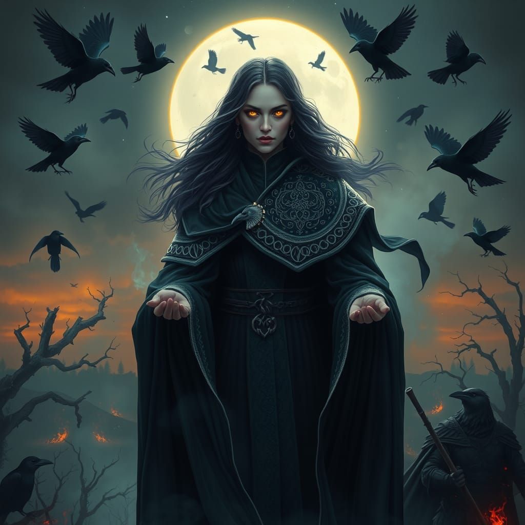 Mystical Morrígan Goddess in Eerie Twilight Realm