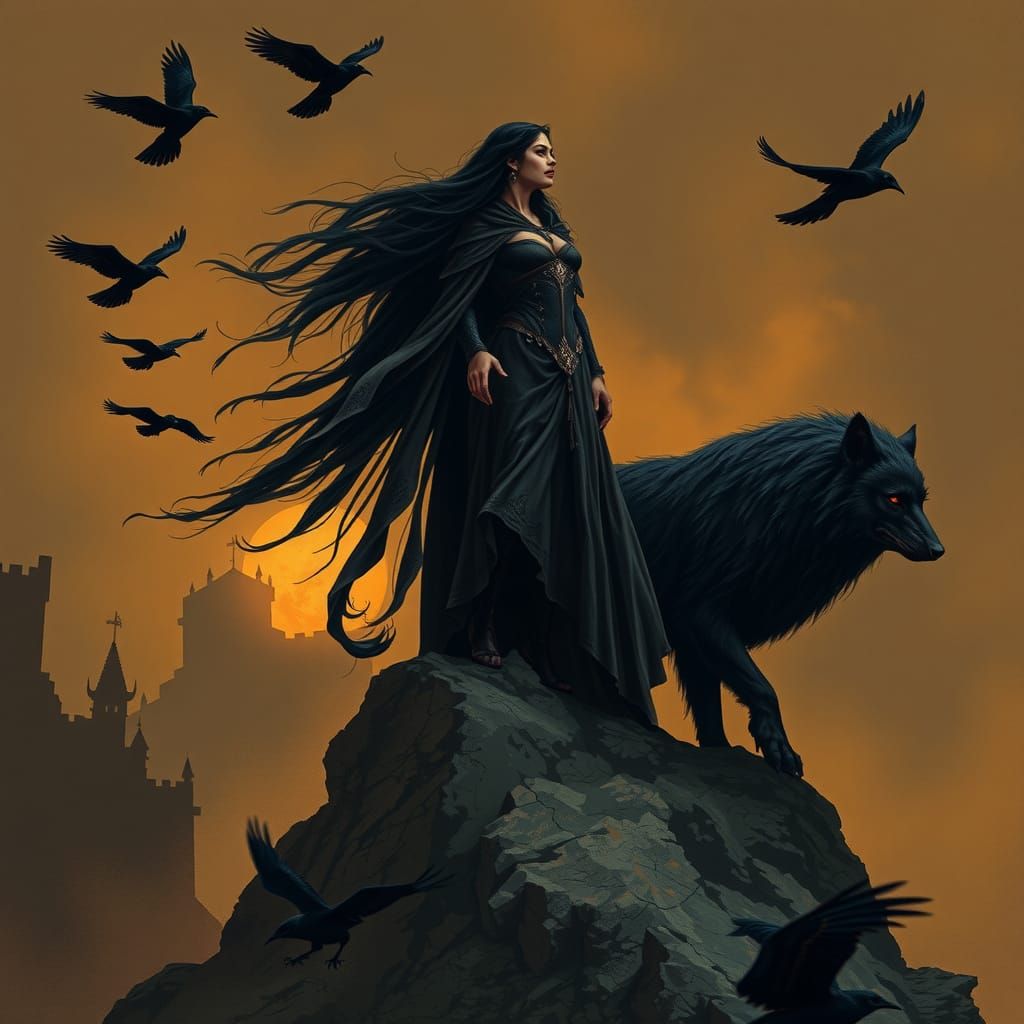 Morrigan, Goddess of Battle, in Frazetta Style