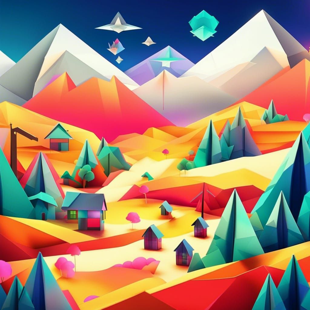 Origami Village in Synthwave Neon Style