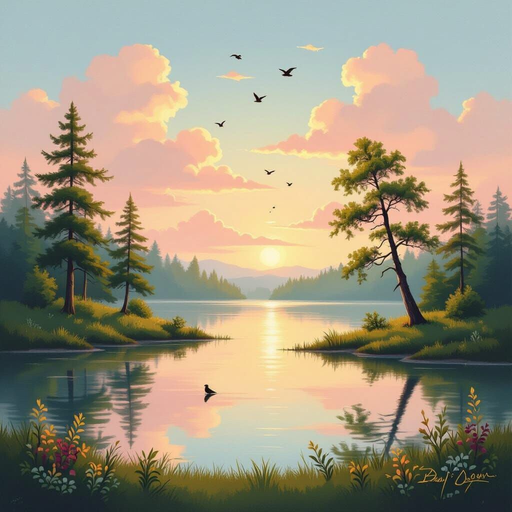 Serene Landscape with Lake and Trees, Soft Brushwork