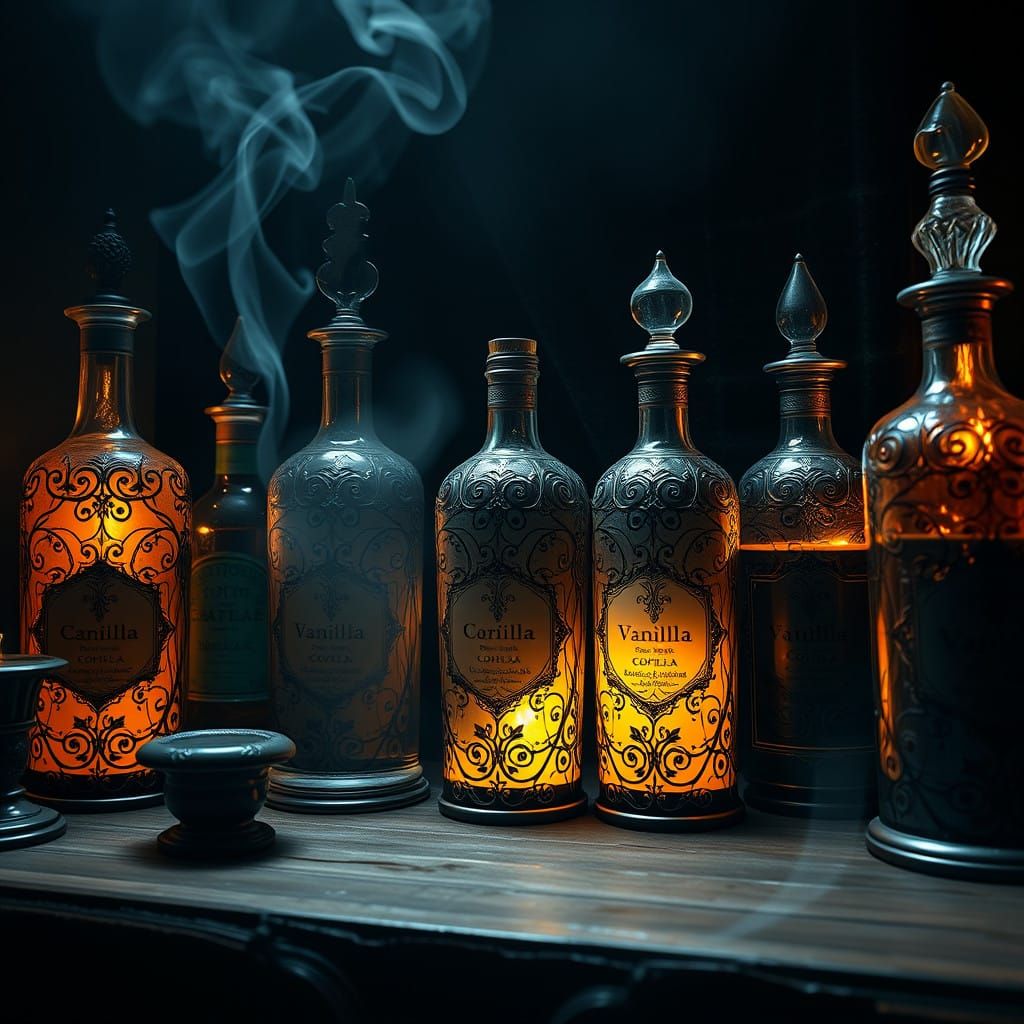 Luxurious Apothecary Shelf with Glowing Perfume Bottles