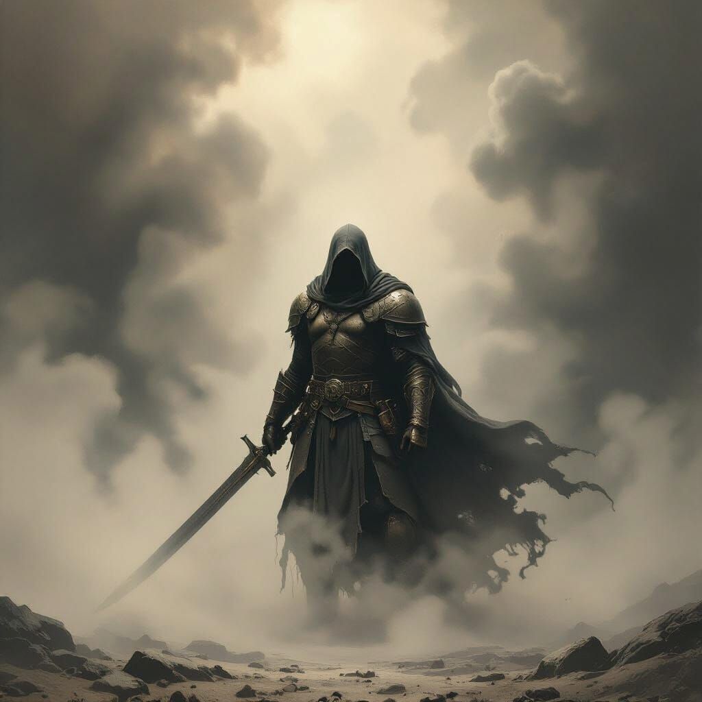 Warrior Battling Ominous Fog in Dark Fantasy Art