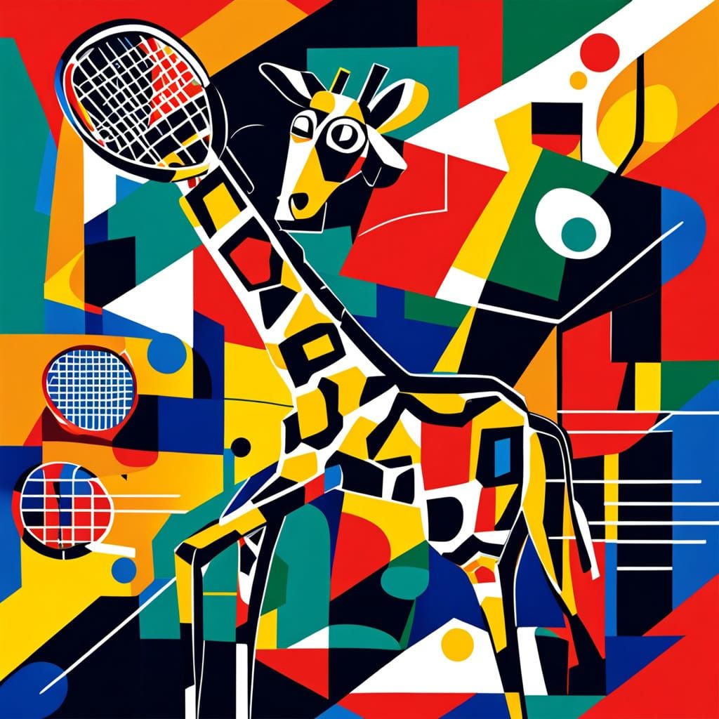 Cubist Giraffe Plays Tennis in Avant-Garde Style