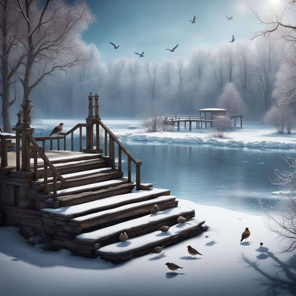 Midwest Winter Lake Pier Scene: Detailed Digital Painting