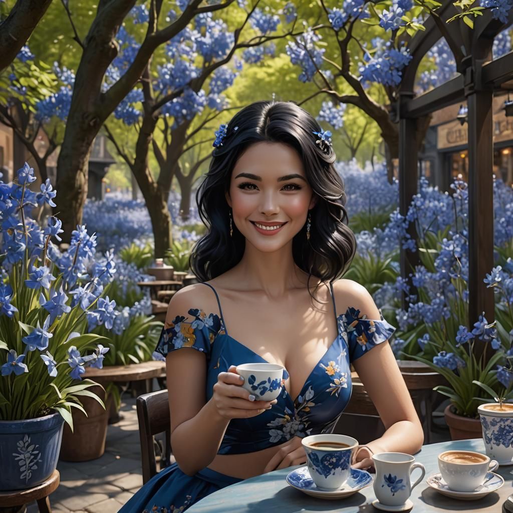 Woman in Blue Dress at Coffee Shop, Fantasy Art