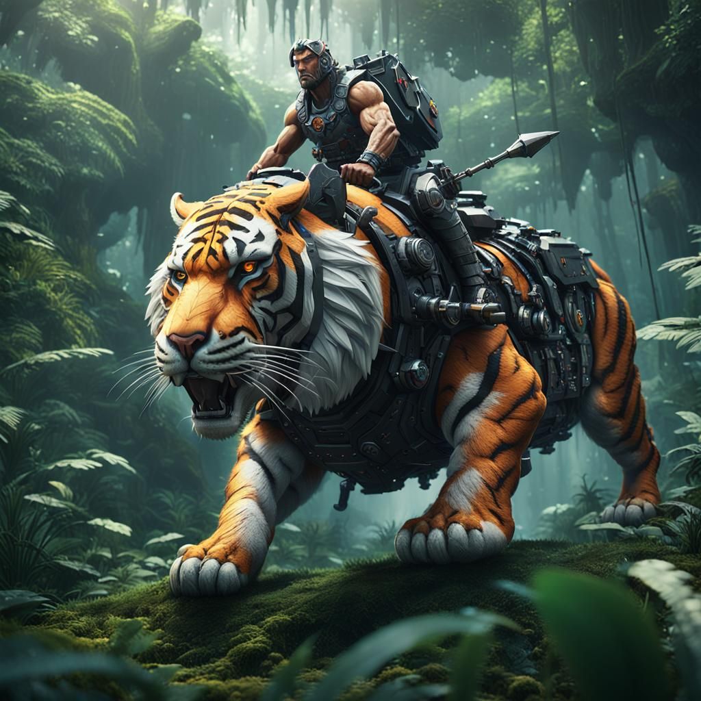 Barbarian Rides Tiger in Jungle: Sci-Fi Cinematic Render