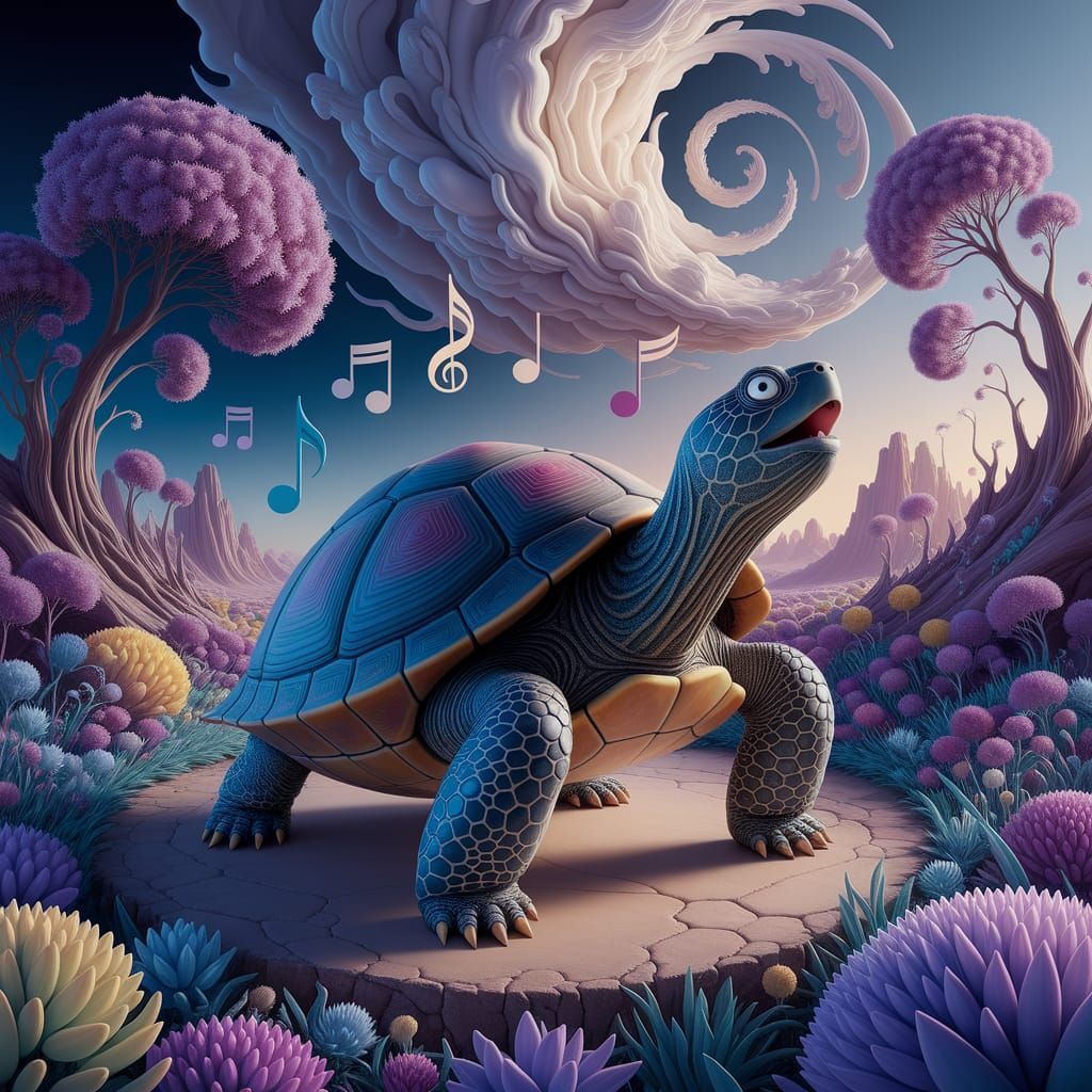 Singing Turtle in Surreal Oil Painting Landscape