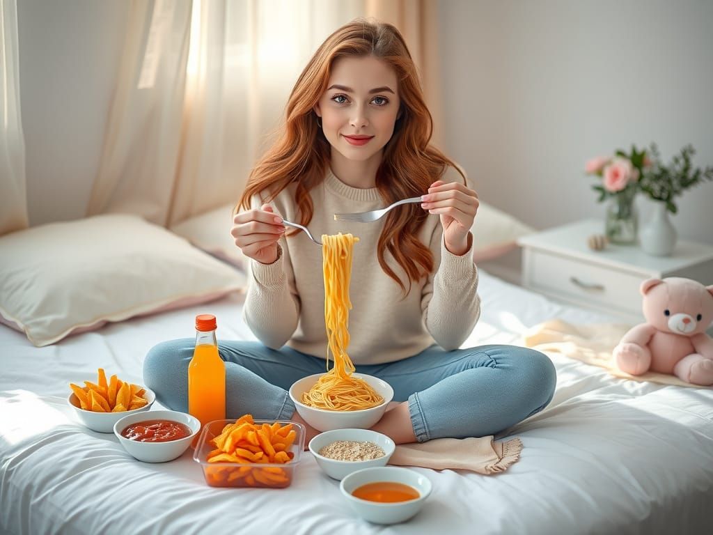 Woman Eating Spaghetti in Cozy Bedroom with Snacks