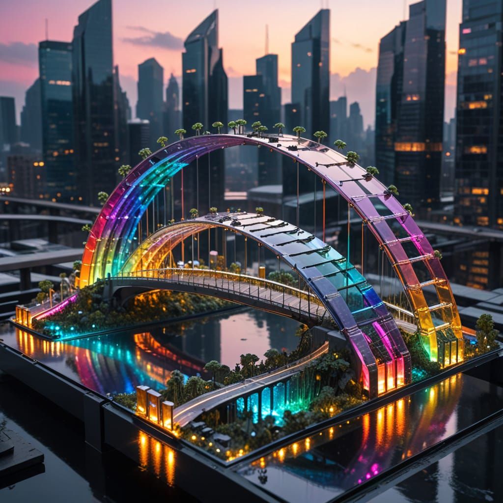 Surreal Solarpunk Cityscape with Glass Rainbow Bridges