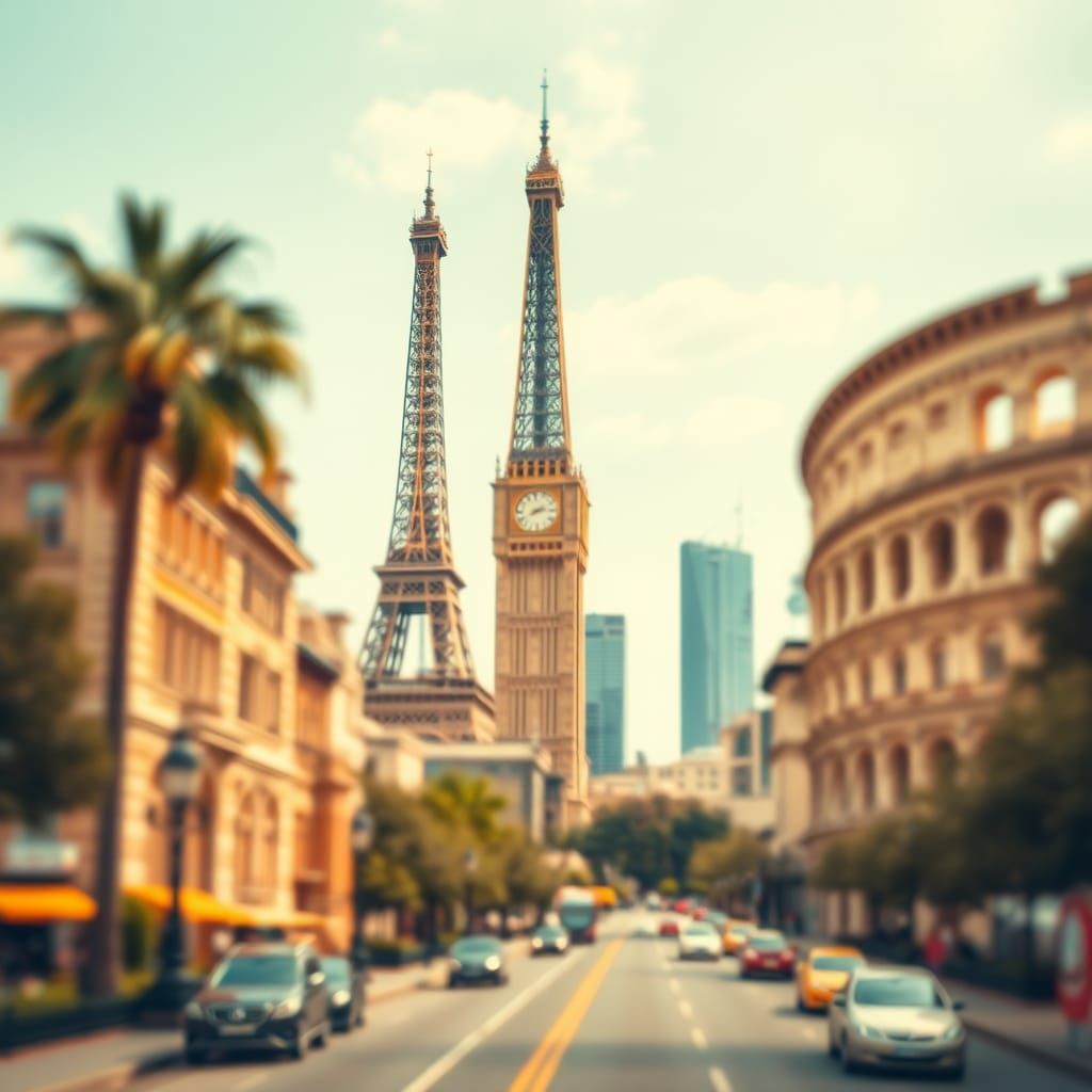 Vintage Travel Ad Featuring Iconic Landmarks