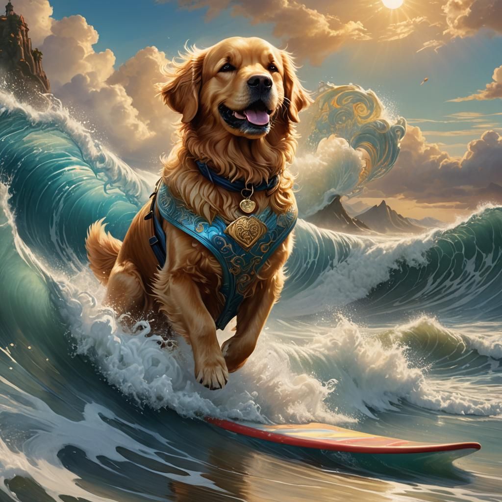 Golden Retriever Paladin Surfing a Magical Wave