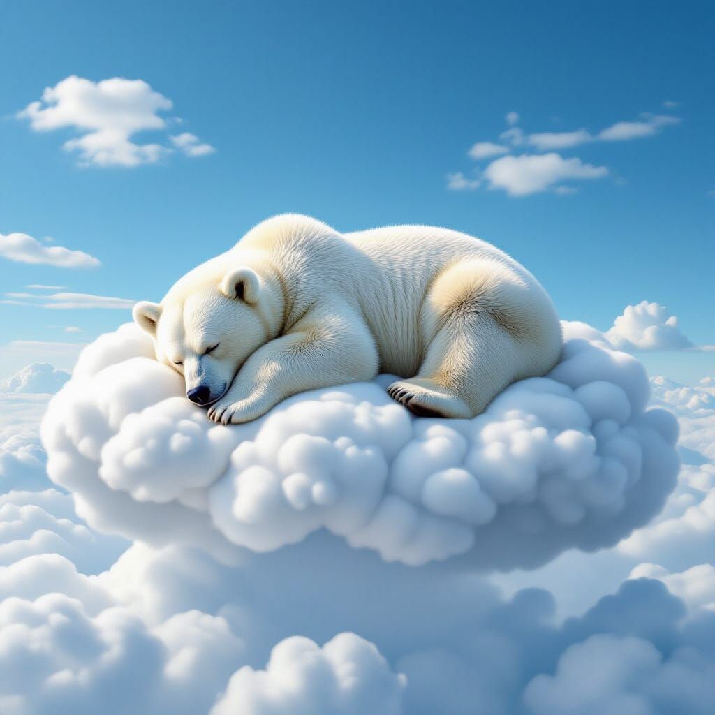 Fluffy White Bear Sleeping on a Cloud