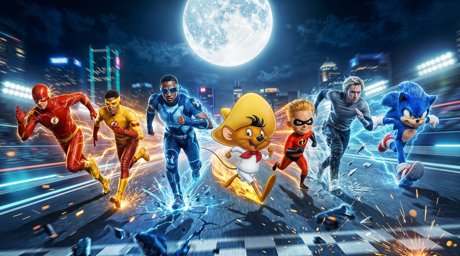 Futuristic CGI Race: Speedsters Clash Under Full Moon