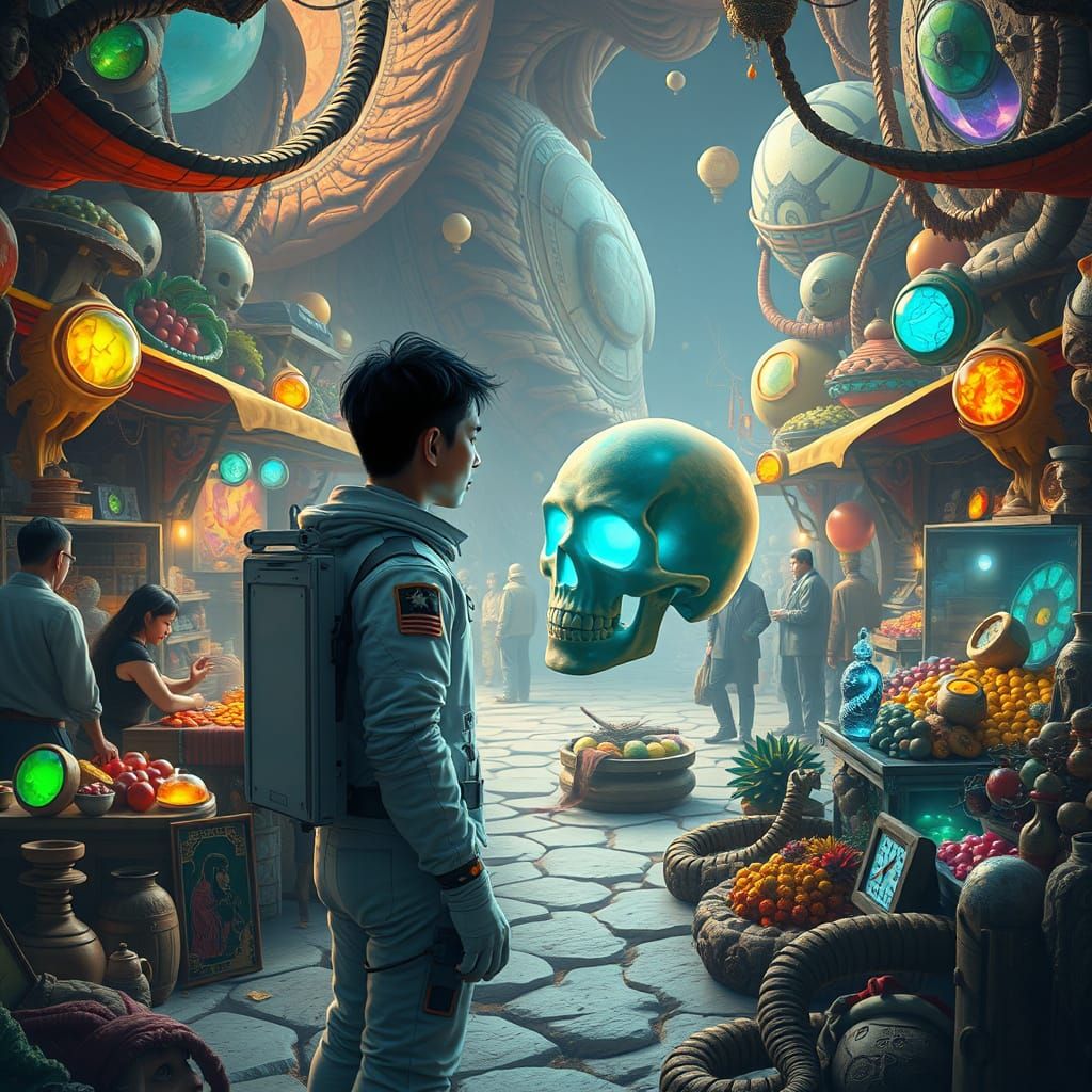 Alien Marketplace with Astronaut in Psychedelic Sci-Fi Style