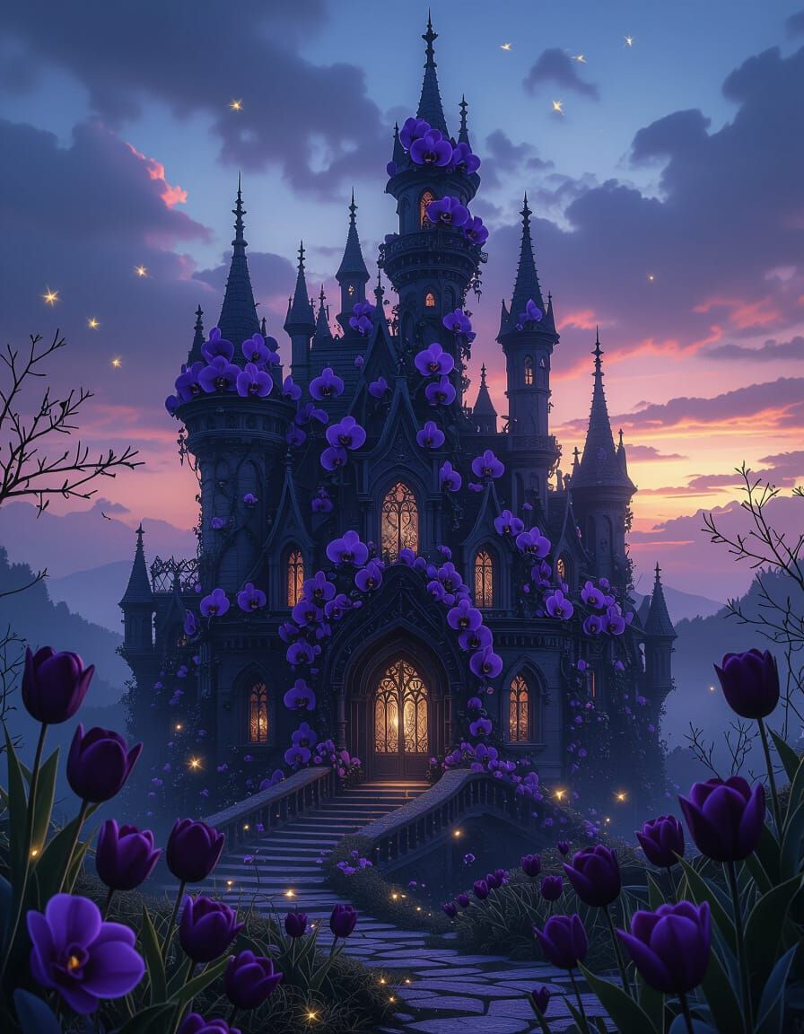 Gothic Orchid Castle Under Twilight Skies