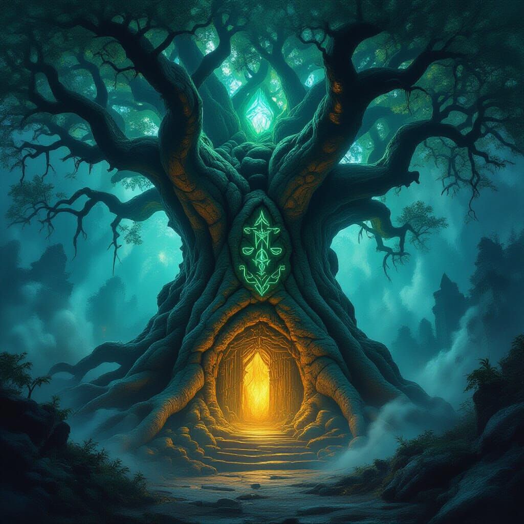 Ancient Tree Transformed Into Sorcerer's Lair with Glowing R...