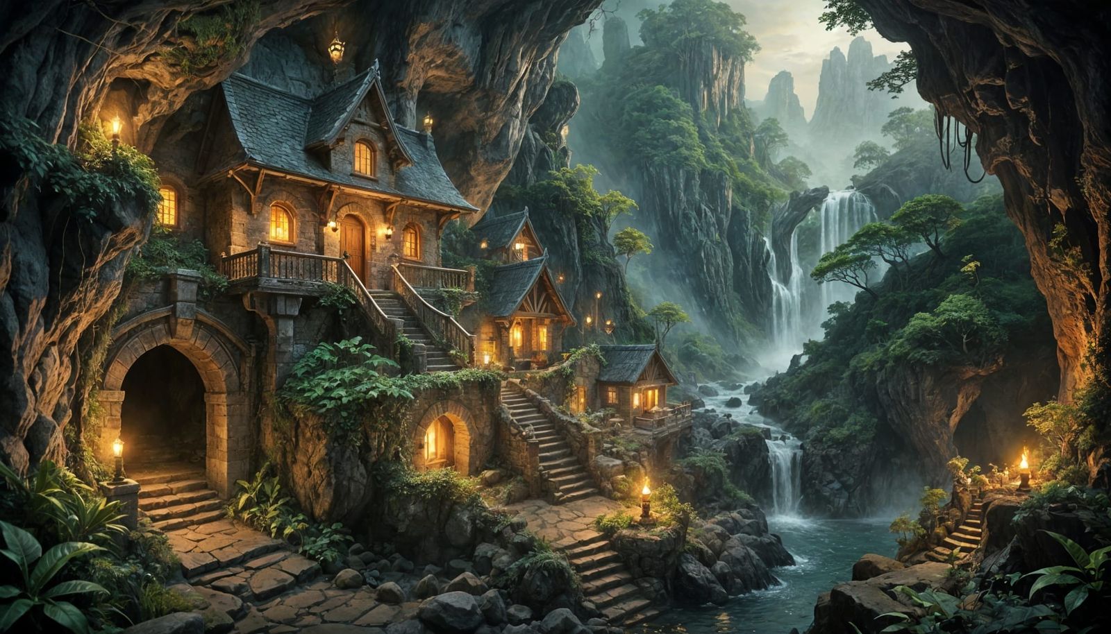 Enchanted Elven Village in an Underground Cave