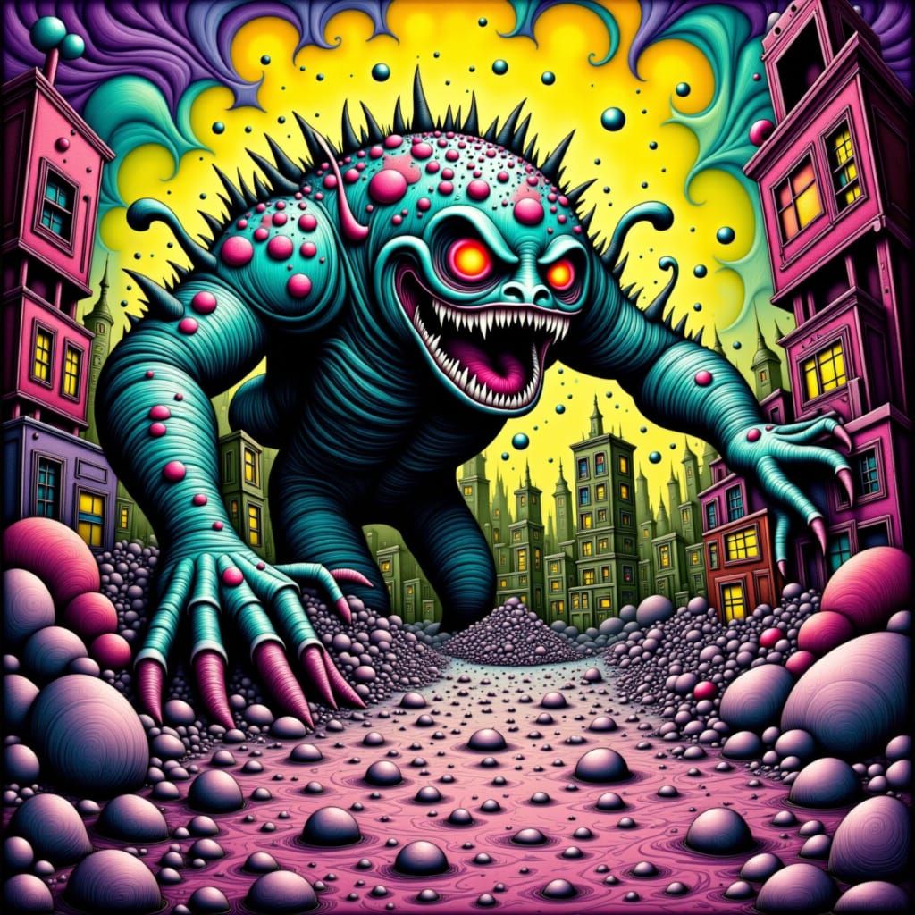 Giant Fanged Cake Monster Devours City in Comic Style