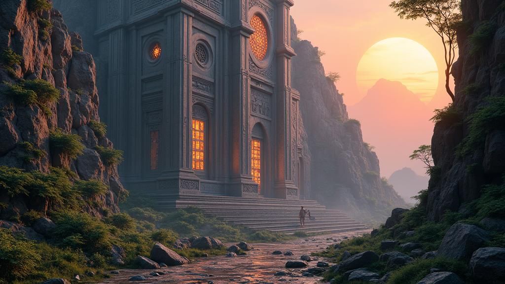 Futuristic Stone Building on Distant Planet in Steampunk Sty...