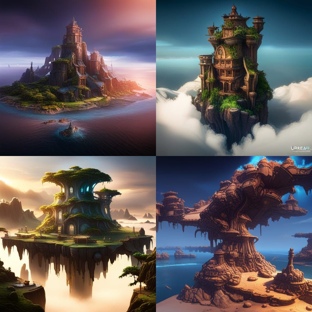 Gear Islands with Floating Tower in Fantasy Landscape