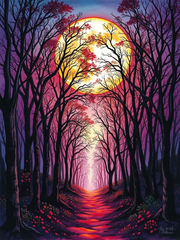 Surreal Moonlit Forest Scene in Impasto Style