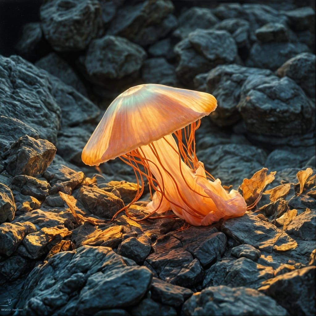 Gorgon Jellyfish on Rocky Shore, Oil Painting