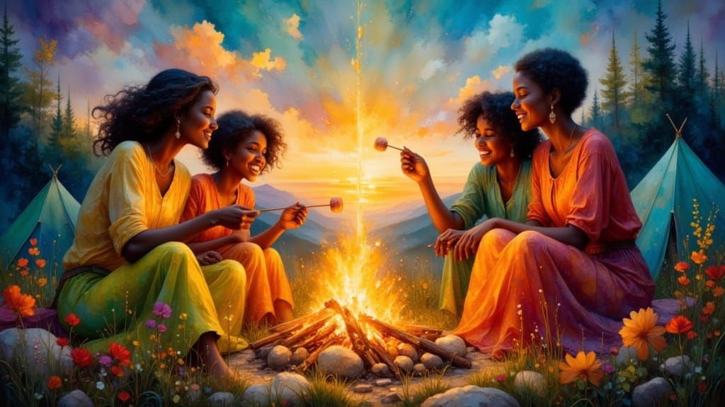 Happy Family Campfire Scene in Warm Light