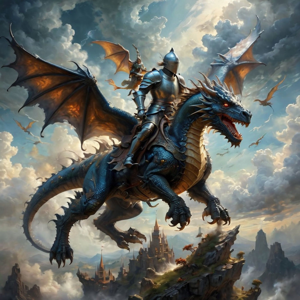 Knight on Dragon in Surreal Fantasy Style