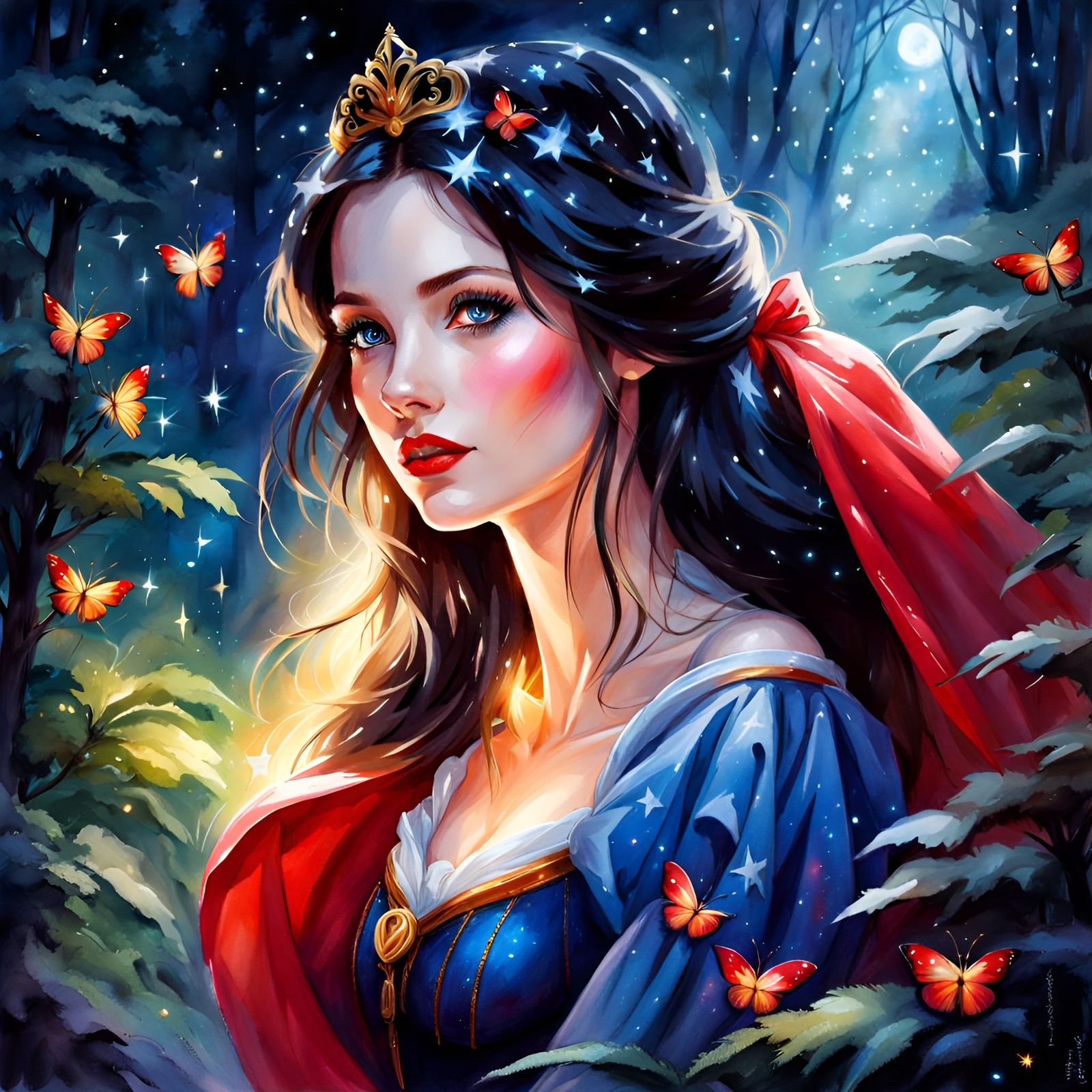 Magical Fairytale Princess in Glowing Forest: Watercolor Art