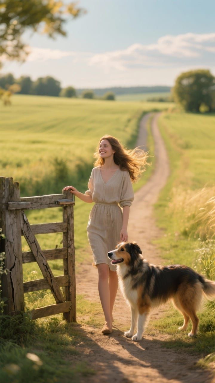 Serene Countryside Scene with Woman and Dog