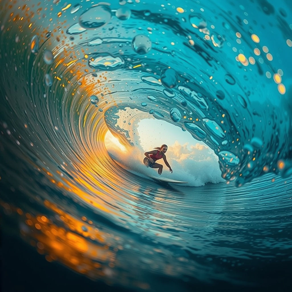 Surfer in Vibrant, Impressionistic Wave