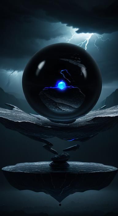 Floating Obsidian Orb in Dark Fantasy Storm