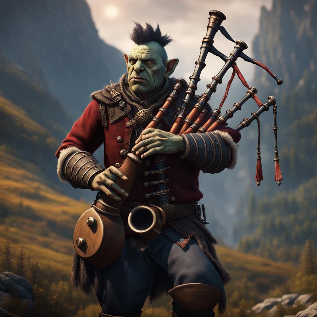 Half-Orc Bard Plays Bagpipes: Detailed Matte Painting
