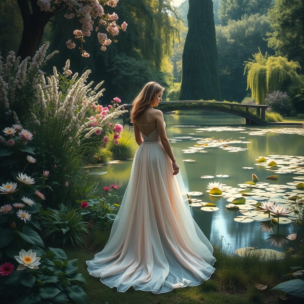 Serene Garden Scene in Impressionist Style