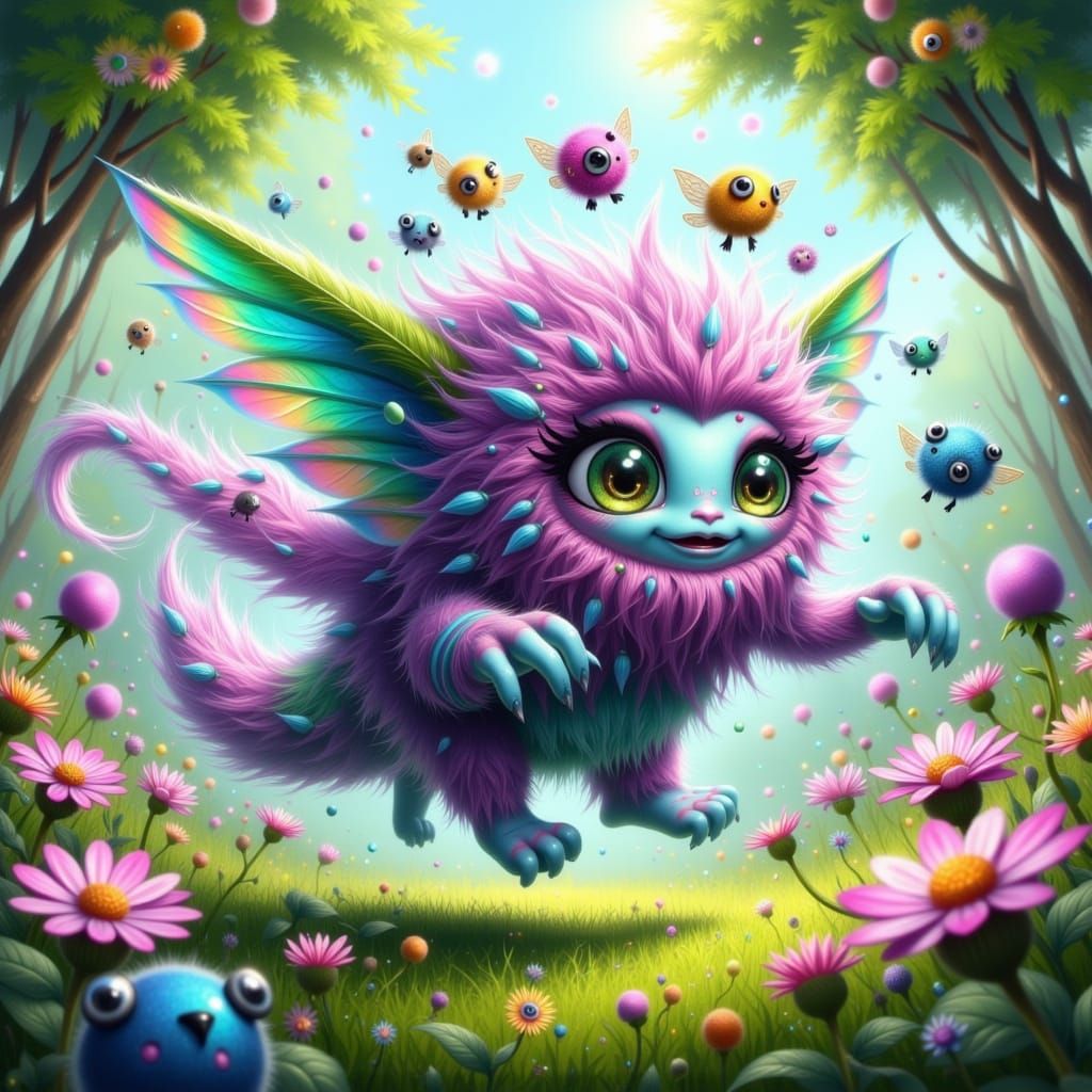 Whimsical Rainbow Berry Monster in a Vibrant Fairy Wonderlan...