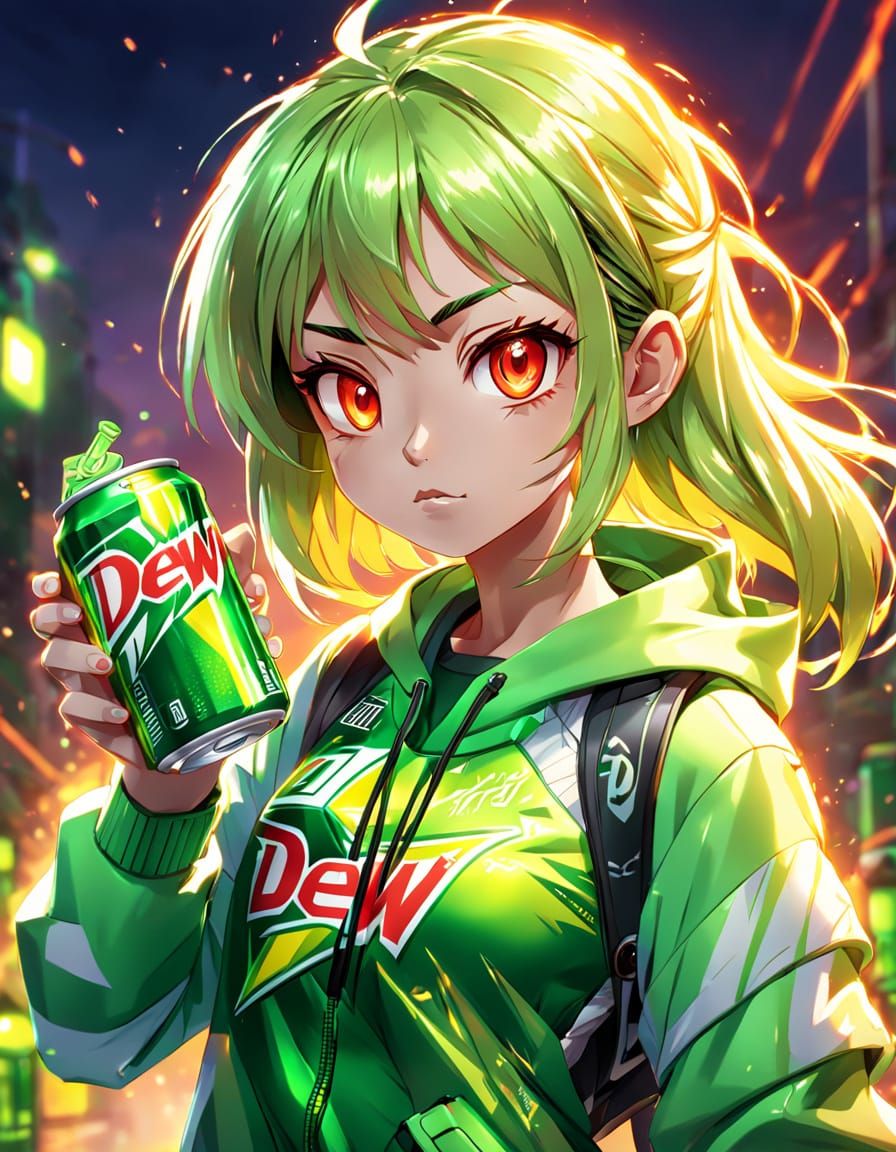 Glowing Anime Girl Holds Mountain Dew with Energetic Vibranc...