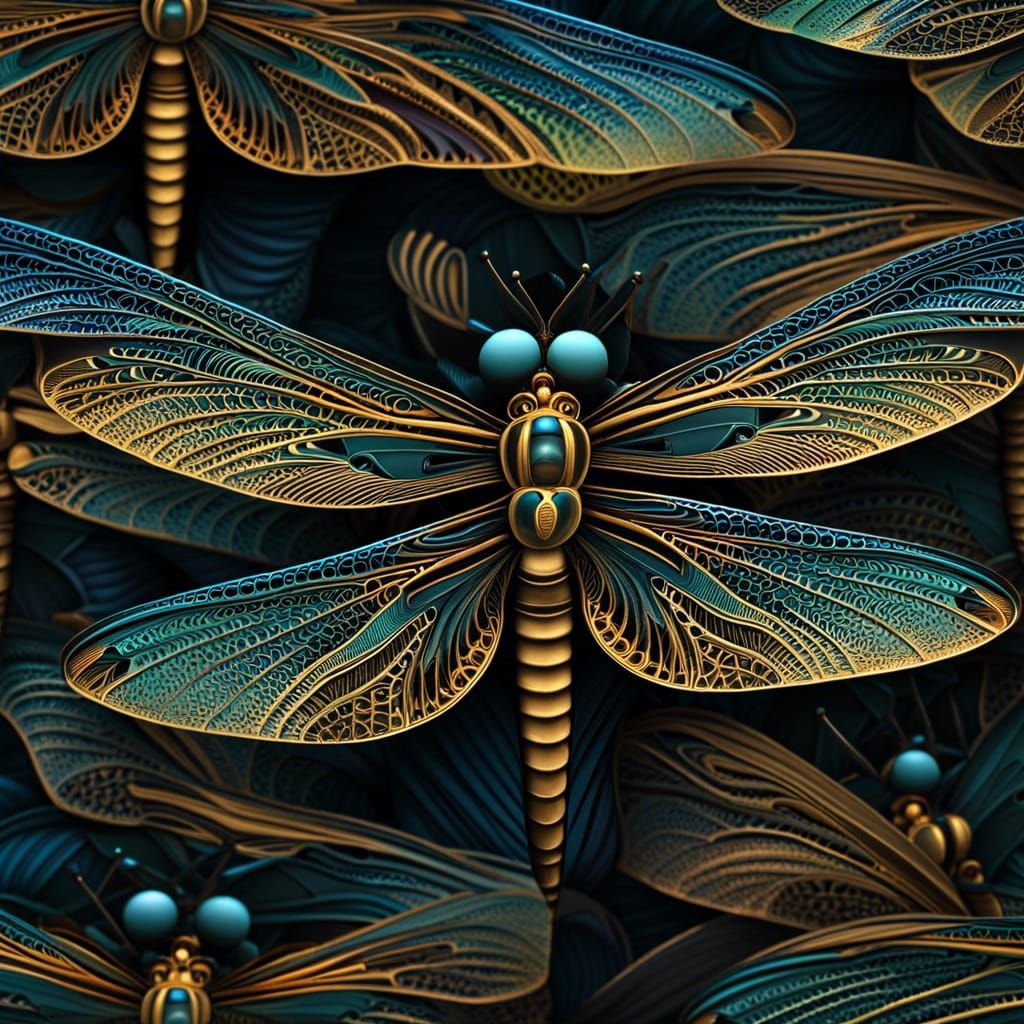 Hyperdetailed Dragonfly with Abstract Fractal Design