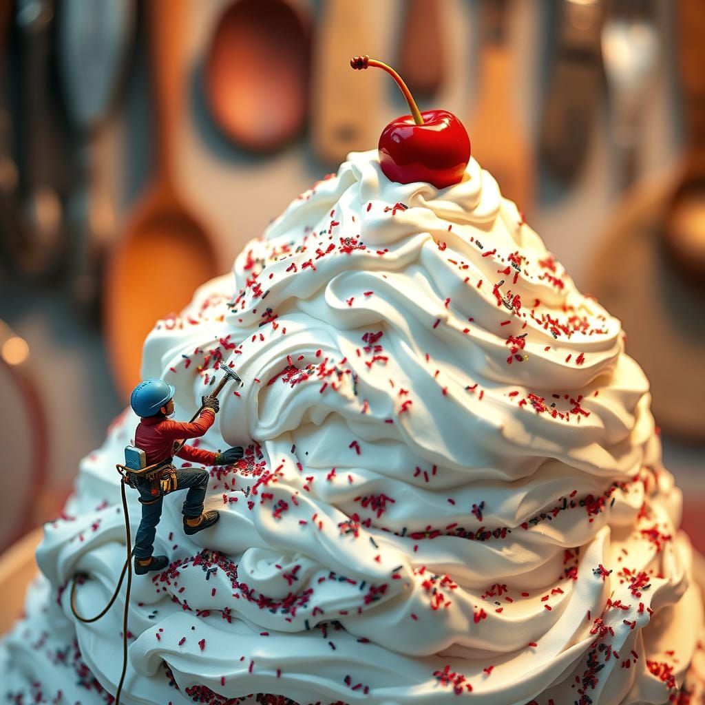 Miniature Climber Ascends Giant Cake Mountain