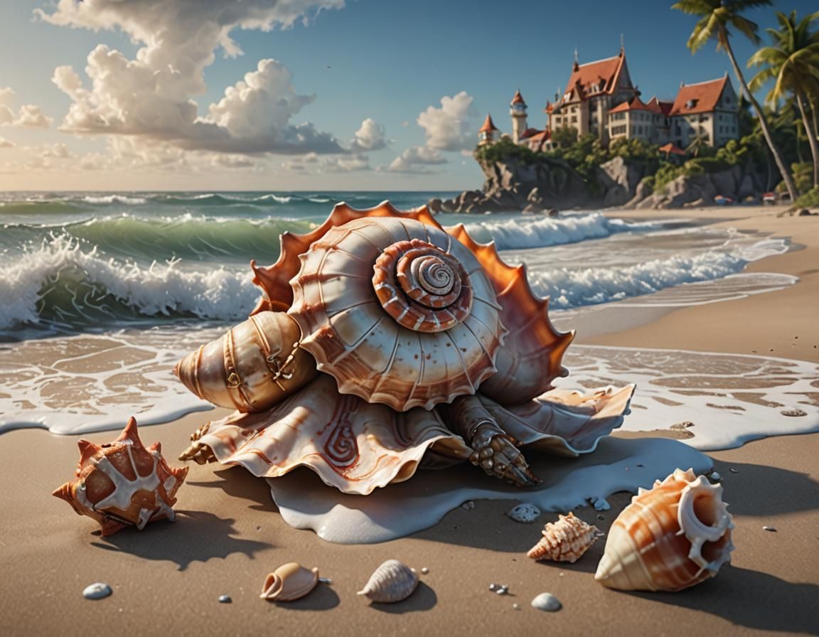 Crab Carrying Conch Shell: Detailed Matte Painting