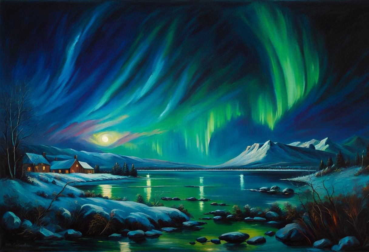Glowing Northern Lights in Winter, Oil Painting