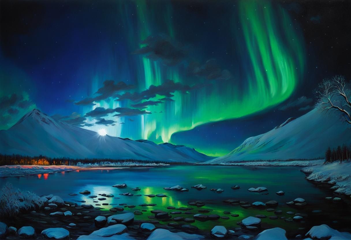 Glowing Northern Lights Oil Painting