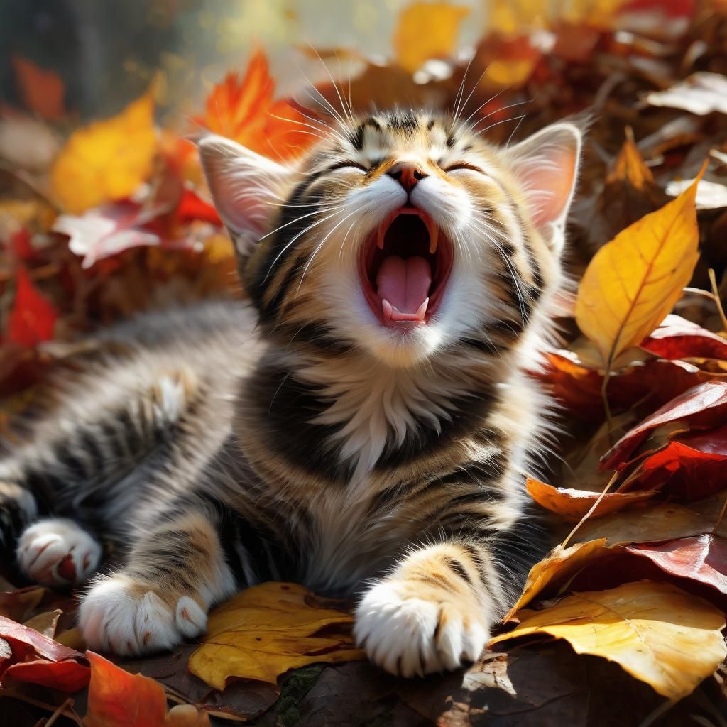 Kitten Yawning in Fall Leaves Painting