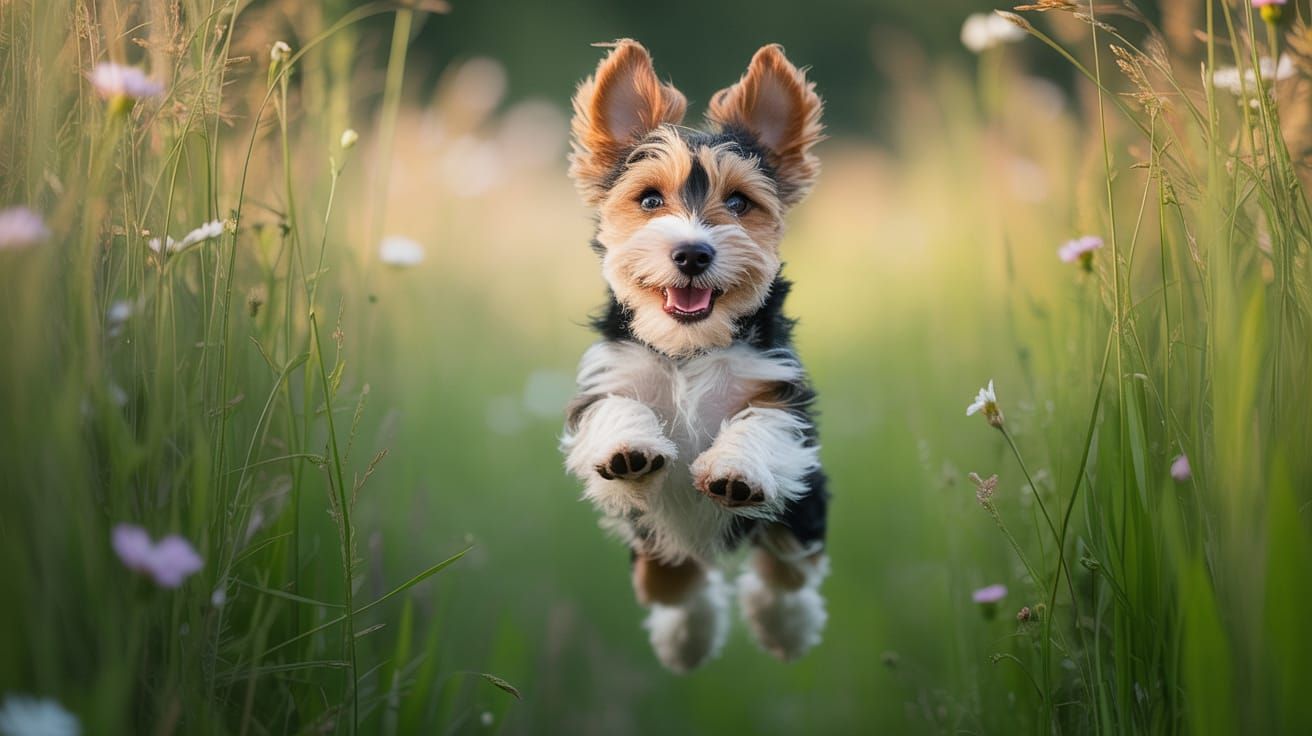 Exuberant Terrier Jumps in Sunny Meadow