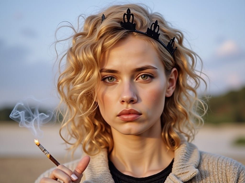 Melancholic Woman with Crown in Dark Room