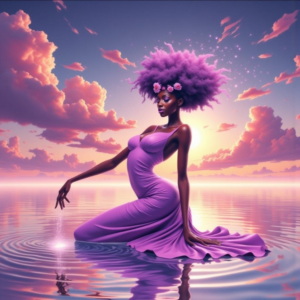 Ethereal Goddess Kneeling on Water Pouring Stardust
