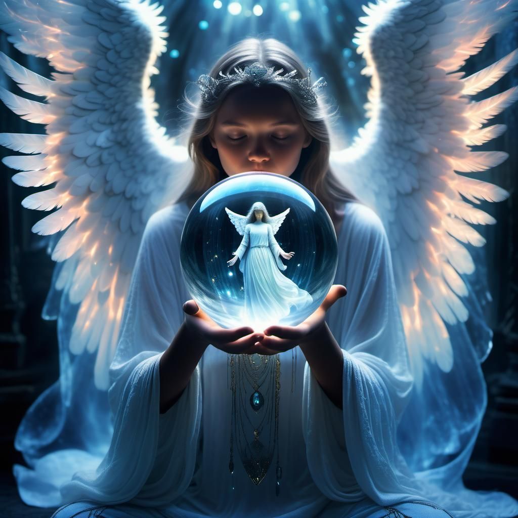 Angel Gazing into Crystal Ball in Surreal Style